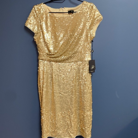 NWT ADRIANNA PAPELL WO SIZE 10 SHORT SLEEVE MIDI GOLD SEQUIN COCKTAIL DRESS - Picture 7 of 13